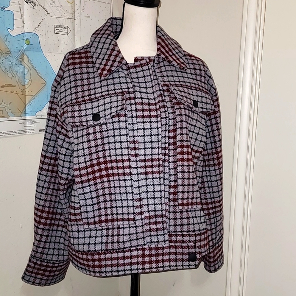 Plaid Button-Front Shacket Jacket - Red/Grey - Picture 4 of 12